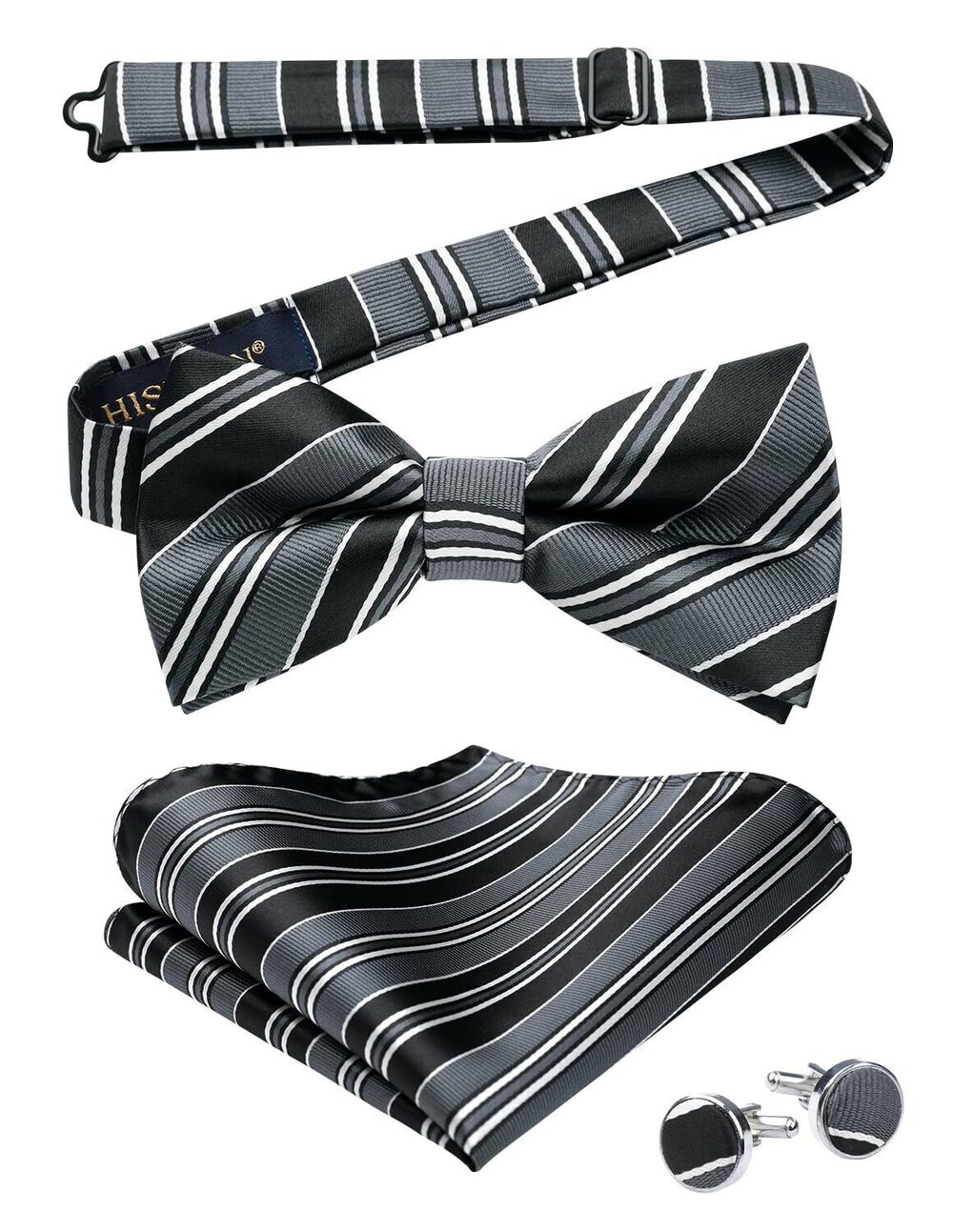 4416 Black Grey Bow Ties Pre Tied Striped Bow Tie Silk Bowtie and Pocket